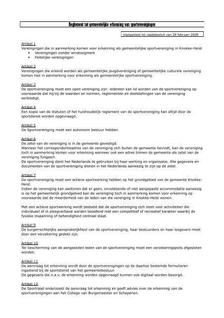 Reglement erkenning sportverenigingen - Sport Knokke-Heist
