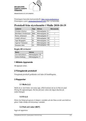 Protokoll från styrelsemöte i Mulle 2010-10-19 - Mölnesjögatan