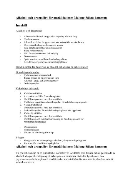 Alkohol- och drogpolicy för anställda inom Malung-Sälens kommun ...