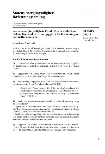 STEMFS 2003:3 - Energimarknadsinspektionen