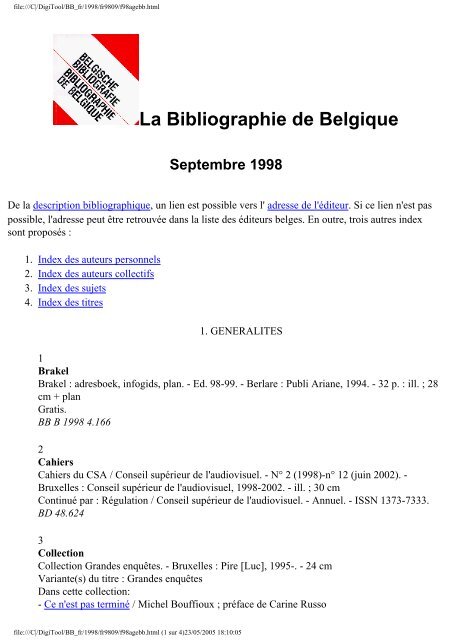 La Bibliographie de Belgique - Koninklijke Bibliotheek van België