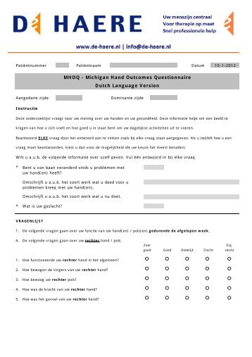 MHOQ - Michigan Hand Outcomes Questionnaire Dutch ... - De Haere