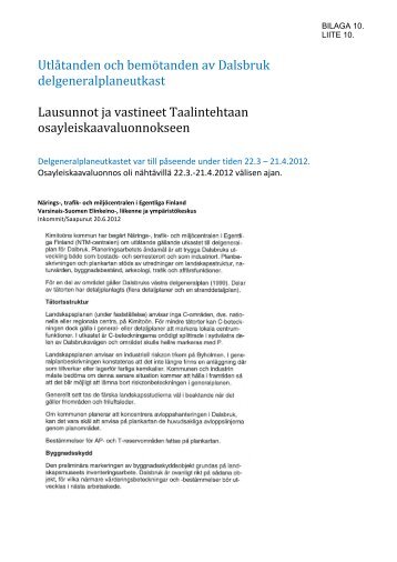 Luonnosvaiheen palaute ja vastineet - Kimitoön kommun