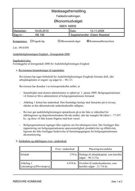 Mødesagsfremstilling Økonomiudvalget - Rødovre Kommune