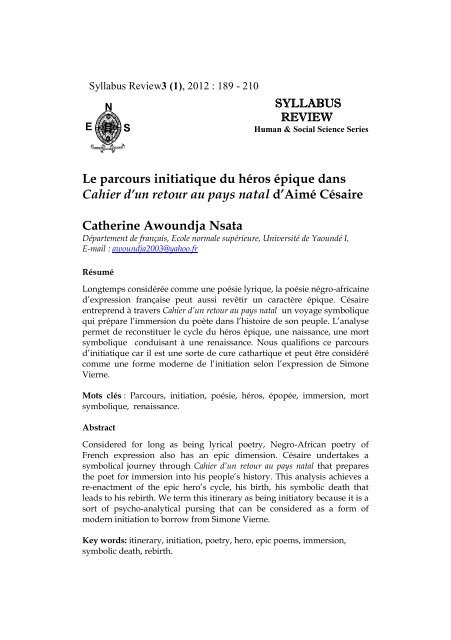 Le parcours initiatique du héros épique dans Cahier d'un ... - L'ENS