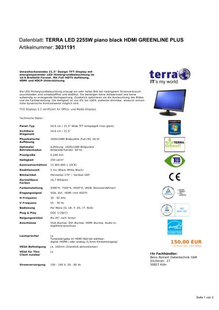 Datenblatt: TERRA LED 2255W piano black HDMI GREENLINE PLUS