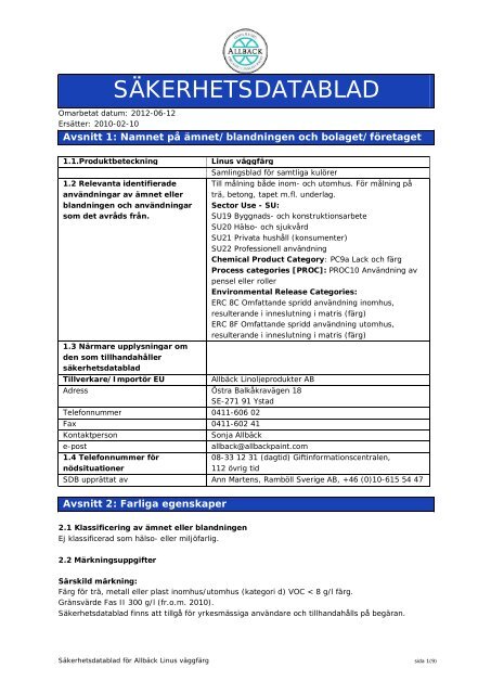 SÄKERHETSDATABLAD - Allbäck Linoljeprodukter AB