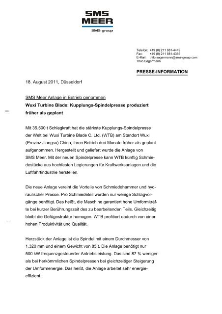 Pressemitteilung als PDF Download - SMS Meer GmbH