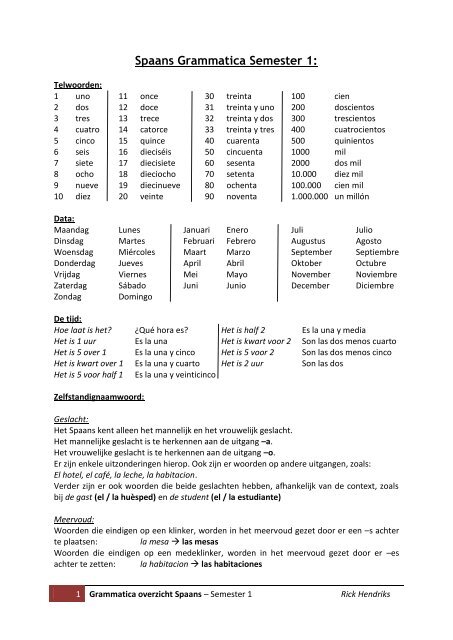 Spaans Grammatica Semester 1: - Rickhendriks.webs.com
