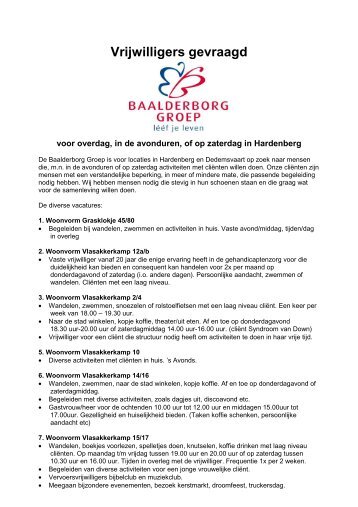 Vrijwilligers gevraagd Locatie Hardenberg - Baalderborg Groep