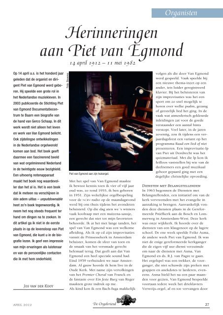 Herinneringen aan Piet van Egmond - De Orgelvriend