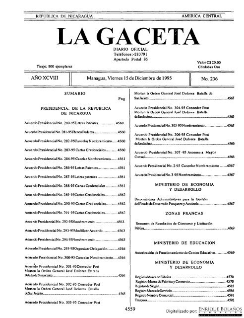 Diario Oficial de Nicaragua - No. 236 del 15 de diciembre 1995