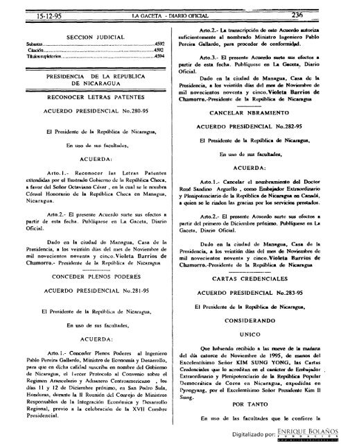 Diario Oficial de Nicaragua - No. 236 del 15 de diciembre 1995