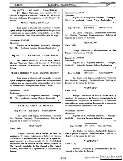 Diario Oficial de Nicaragua - No. 236 del 15 de diciembre 1995