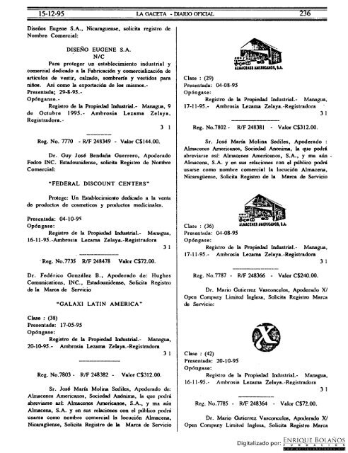 Diario Oficial de Nicaragua - No. 236 del 15 de diciembre 1995