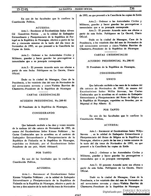 Diario Oficial de Nicaragua - No. 236 del 15 de diciembre 1995