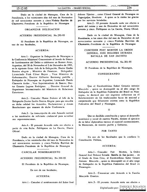 Diario Oficial de Nicaragua - No. 236 del 15 de diciembre 1995