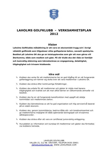 LAHOLMS GOLFKLUBB - VERKSAMHETSPLAN 2012 - Laholms GK