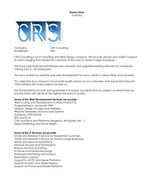 Danny Goor Portfolio Company CRS Consulting Established: 2001 ...