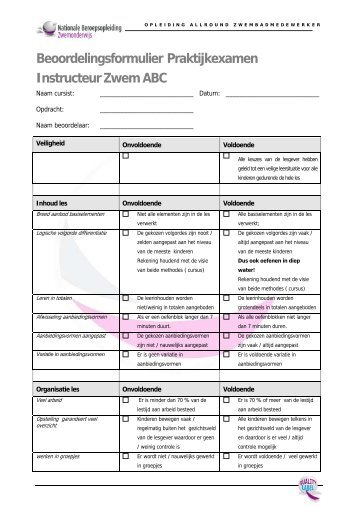 Beoordelingsformulier Praktijkexamen Instructeur Zwem ABC - NBZ