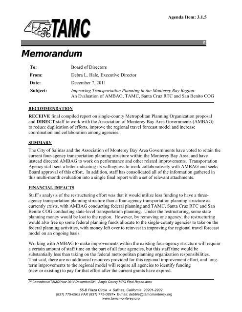 M Memo orand dum - Transportation Agency for Monterey County