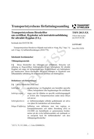 Transportstyrelsens föreskrifter om certifikat, flygskolor och ... - KSAK