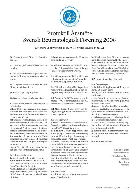 ReumaBulletinen 2009, Nr 72 - Svensk Reumatologisk Förening