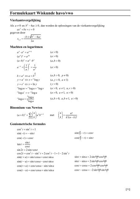 Formulekaart Wiskunde Havo/Vwo - Wiskundebijles.Net