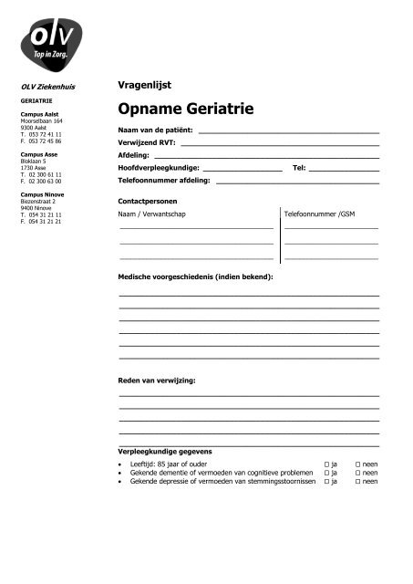 Vragenlijst opname Geriatrie - OLV Ziekenhuis Aalst