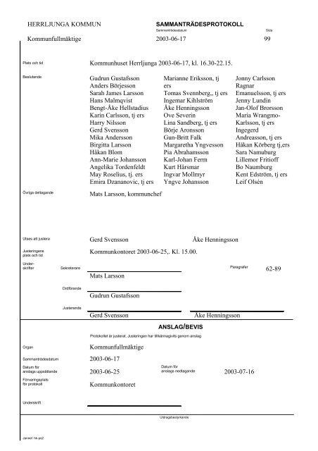 HERRLJUNGA KOMMUN Kommunfullmäktige 2003-06-17 99 ...