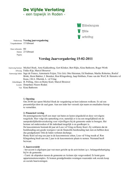 Verslag jaarvergadering 15-02-2011 - De Vijfde Verloting