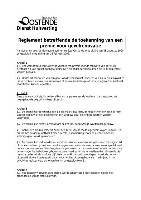 Dienst Huisvesting Reglement betreffende de ... - Oostende