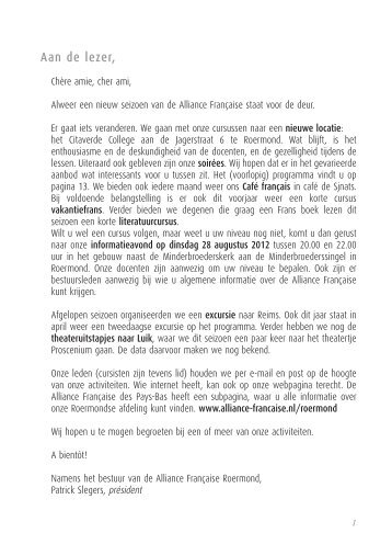 Aan de lezer, - Alliance Française des Pays-Bas