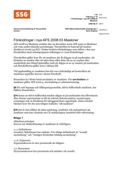 Nr 10 - Förändringar i nya AFS 2008:03 Maskiner - SSG