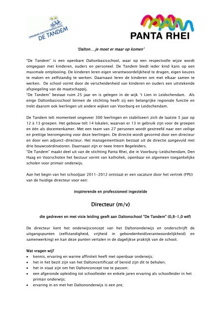 Vacature Directeur - Daltonschool de Tandem