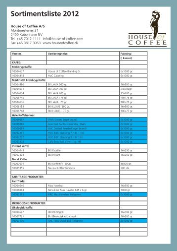 Sortimentsliste 2012 - House of Coffee