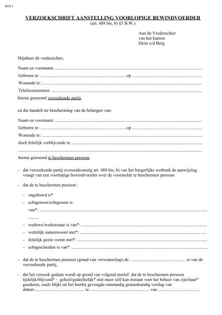 Verzoekschrift aanstelling voorlopig bewindvoerder - Vredegerecht