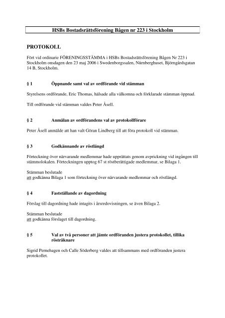 HSBs Bostadsrättsförening Bågen nr 223 i Stockholm PROTOKOLL
