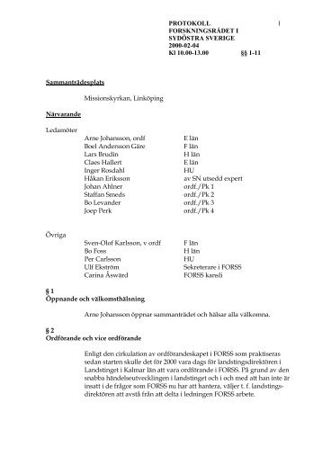 PROTOKOLL 1 FORSKNINGSRÅDET I SYDÖSTRA SVERIGE 2000 ...