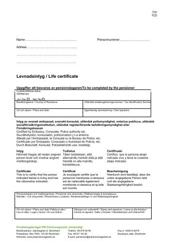 Levnadsintyg / Life certificate - PRI Pensionsgaranti