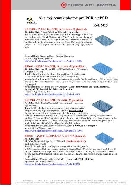 akciový cenník plastov pre PCR a qPCR - Eurolab Lambda a.s.