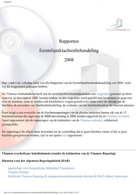 Eerstelijnsklachtenrapport 2008 Vlaamse Ombudsdienst