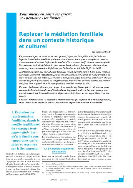 Replacer la médiation familiale dans un contexte historique et culturel