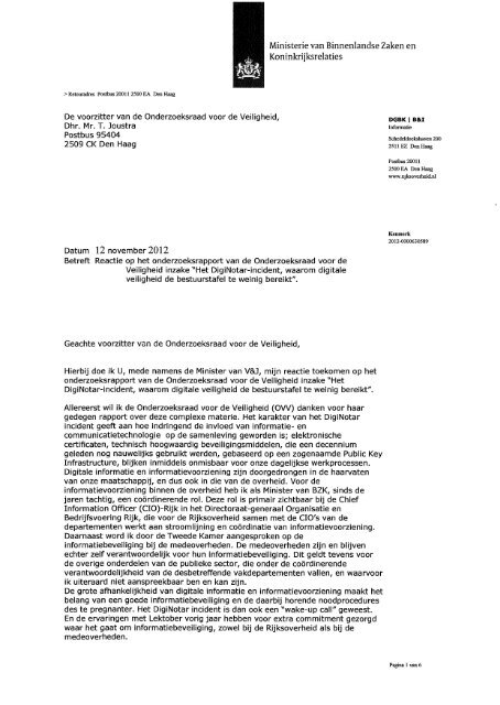 Brief van minister Plasterk - Taskforce BID