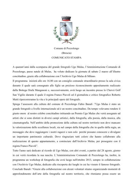 Comunicato stampa Ugo Mulas _1_ - Comune di Pozzolengo