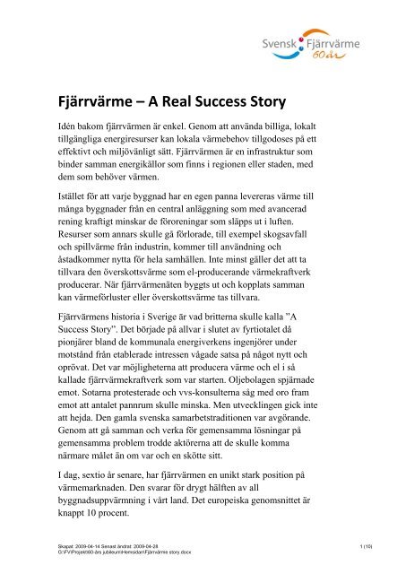 Fjärrvärme -A Real Success Story - Svensk Fjärrvärme