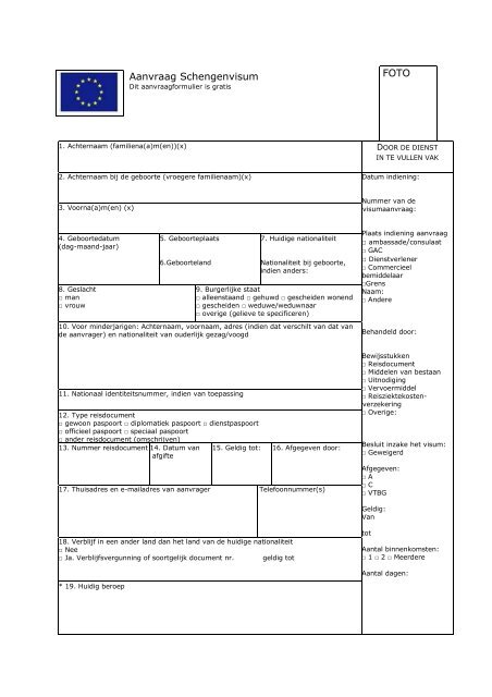 Formulier visum aanvraag - Vreemdelingenzaken