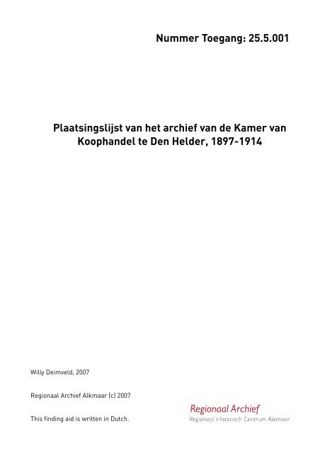 Kamer van Koophandel te Helder - Regionaal Archief Alkmaar