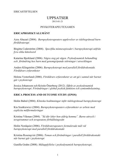 Uppsatser och examensarbeten med anknytning till Ericastiftelsen