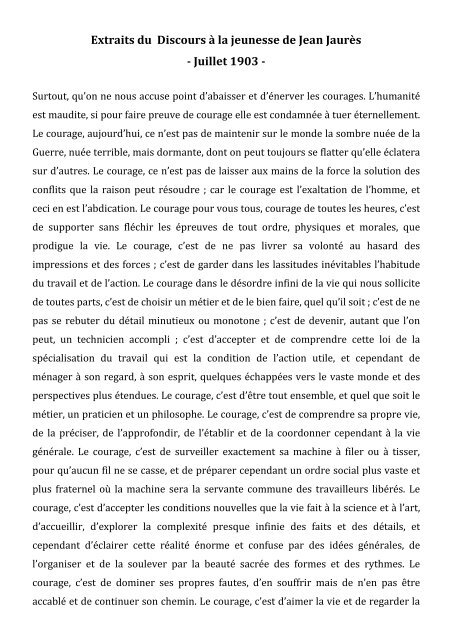 Extraits du Discours à la jeunesse de Jean Jaurès - Juillet 1903 -